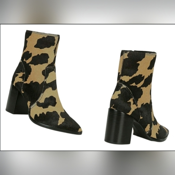 Cow Print 8 Booties Western Leather Rider Calf Hair Block Heel Cowgirl New - Picture 2 of 7